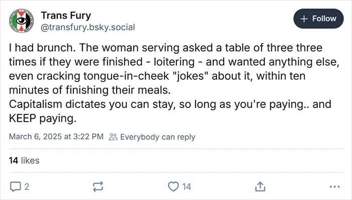 "Social media post about brunch experience reflecting 'hot takes' on dining and capitalism."