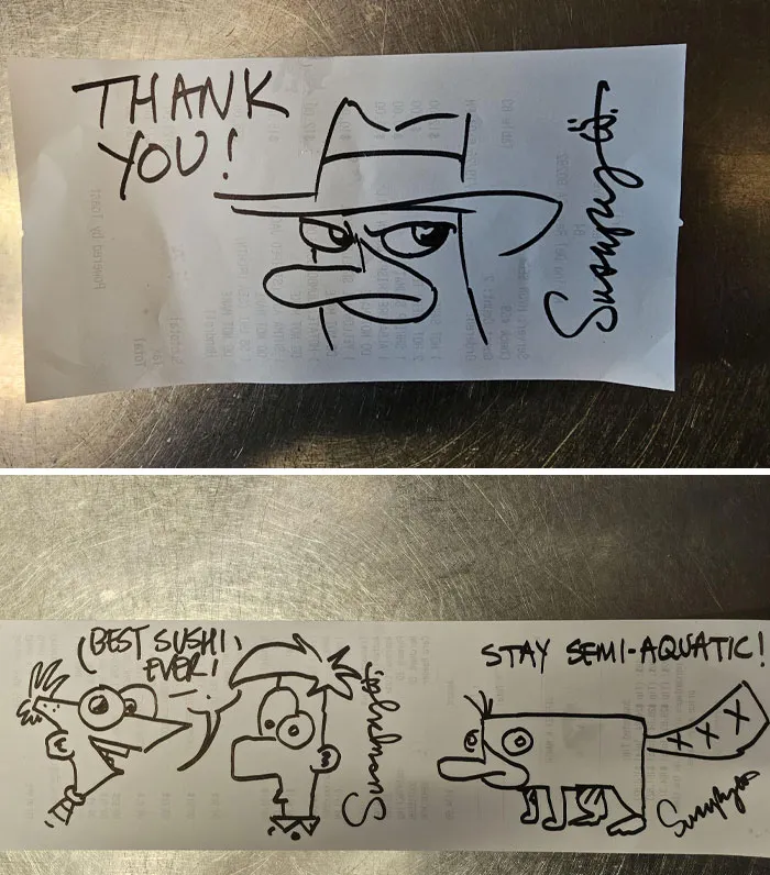 Today At My Work, The Creator Of Phineas And Ferb Came To Dine In And Left Drawings Of His Work