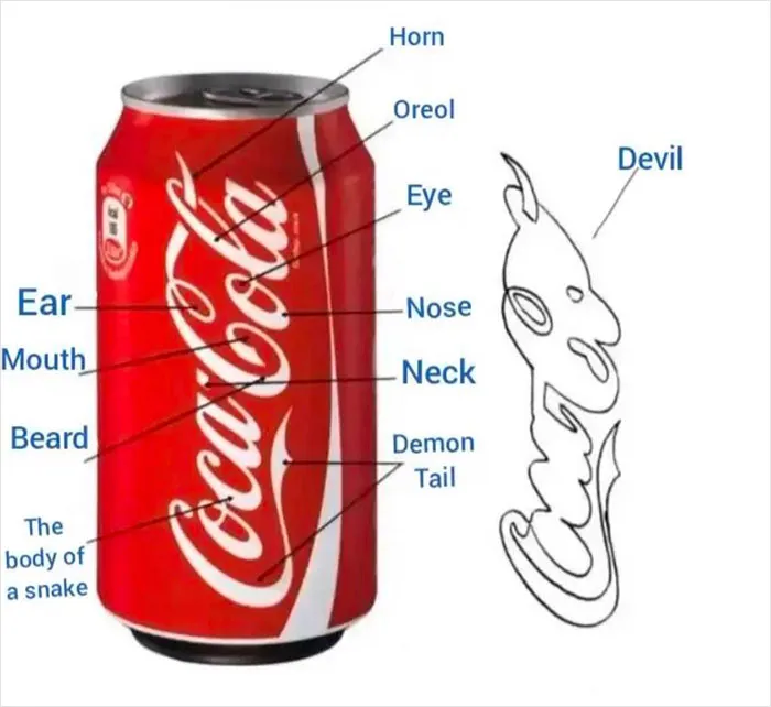 Coca-Cola can with labeled devil-like figure illustration from hot takes discussion group.