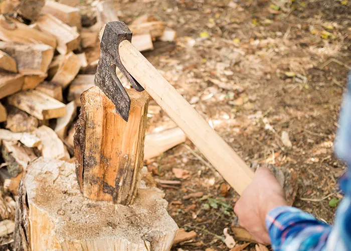 A person chopping wood with an axe, focusing on men's outdoor activities in a rustic setting.