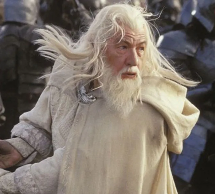 Elderly wizard in a white robe with long white hair and beard, set in a medieval battle scene.