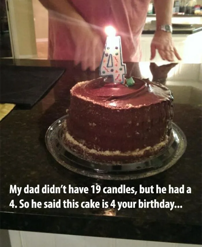 A funny cake with a number 4 candle for a 19th birthday, showing a humorous meme moment.