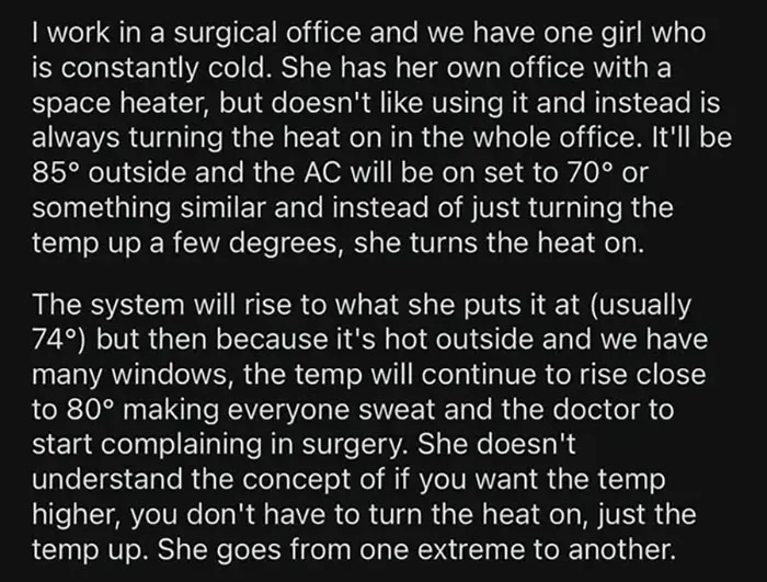 My Coworker Is Constantly Cold And Instead Of Just Turning The AC Down, She Turns The Heat On Until Everyone Is Sweating