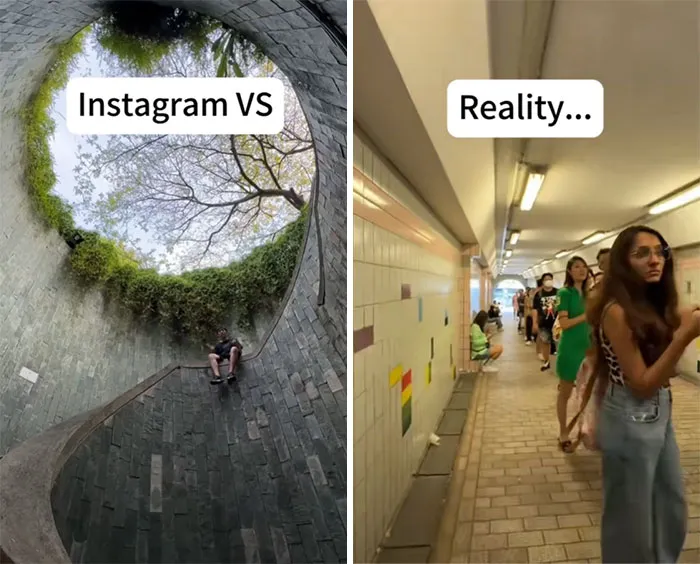 Paisaje perfecto en Instagram frente a un túnel ocupado en la realidad, mostrando la verdad tras las fotos.