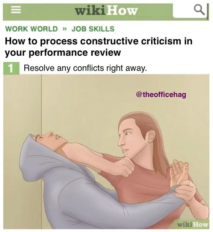 WikiHow-style illustration of two employees demonstrating conflict resolution humorously.