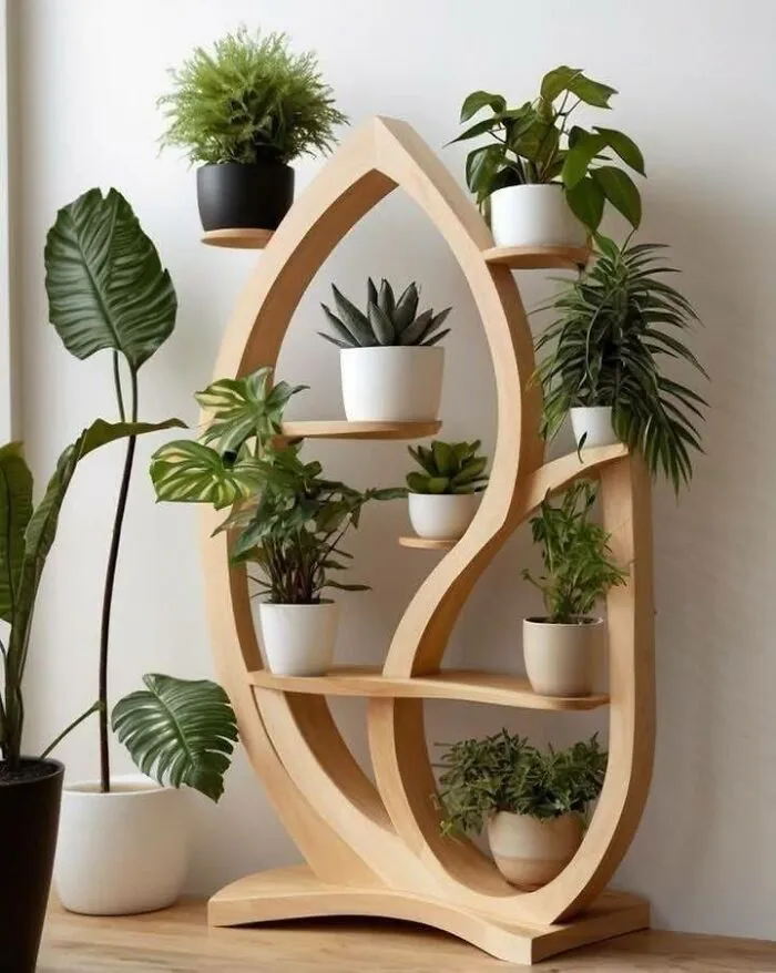 Modern wood plant stand crafted with smooth curved shelves holding multiple potted plants, showcasing creative woodworking ideas.