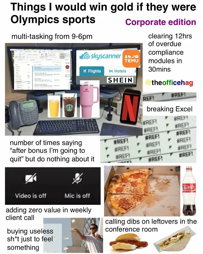 Work memes collage with humorous scenarios like multitasking, breaking Excel, and claiming conference room leftovers.