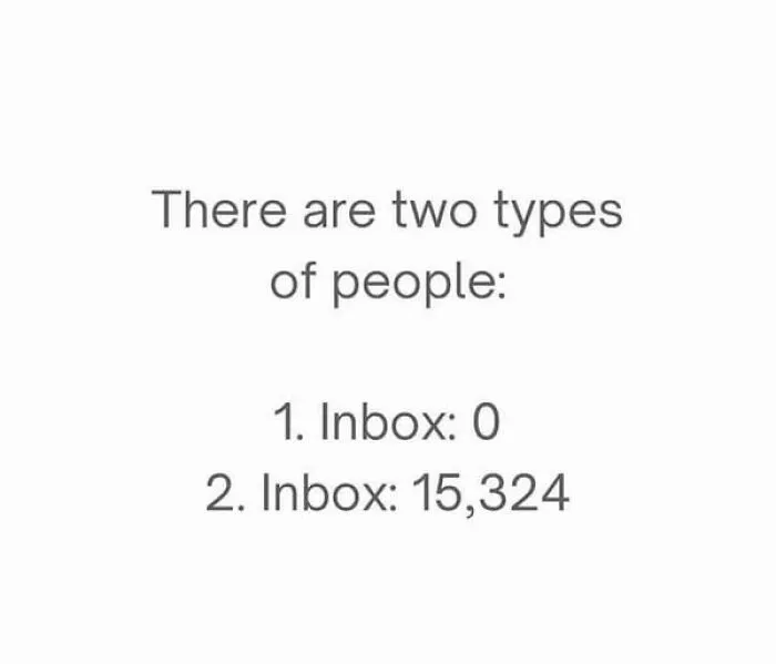 Text meme showing two types of people based on inbox count, reflecting humor in memes to improve your day.