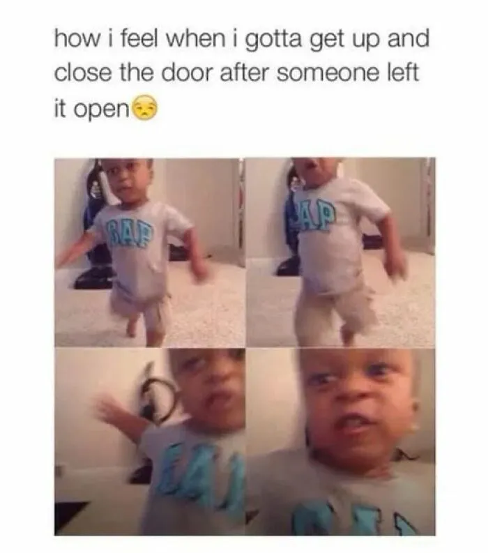 Toddler expressing frustration in four-panel meme, illustrating everyday annoyances for daily laughs and meme enjoyment.