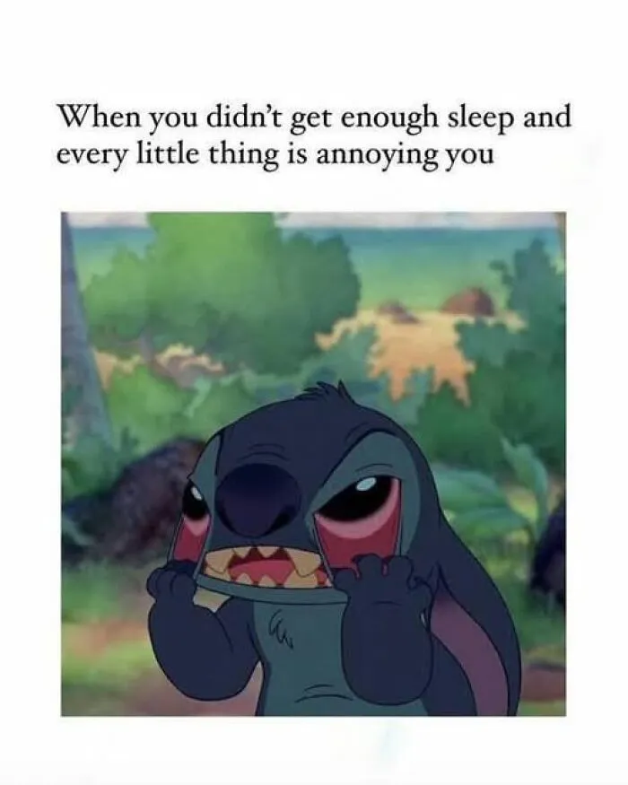 Tired cartoon character with red eyes showing frustration, a relatable meme for daily laughs and improving your day.