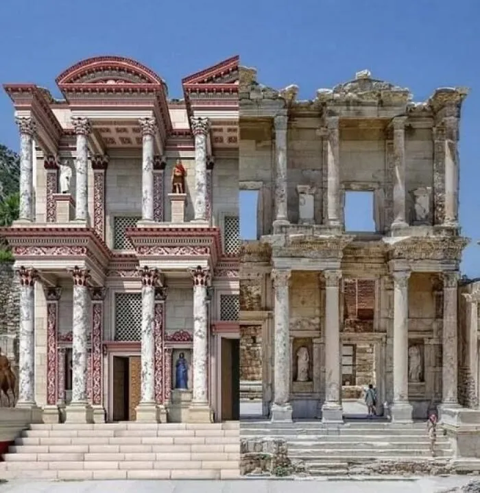 Restored ancient facade showcasing detailed architecture and archaeological preservation at a historical site under clear sky.