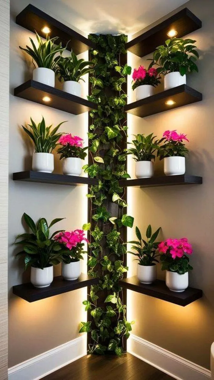 Dark wood corner shelves with potted plants and integrated lighting showcasing creative woodworking ideas.