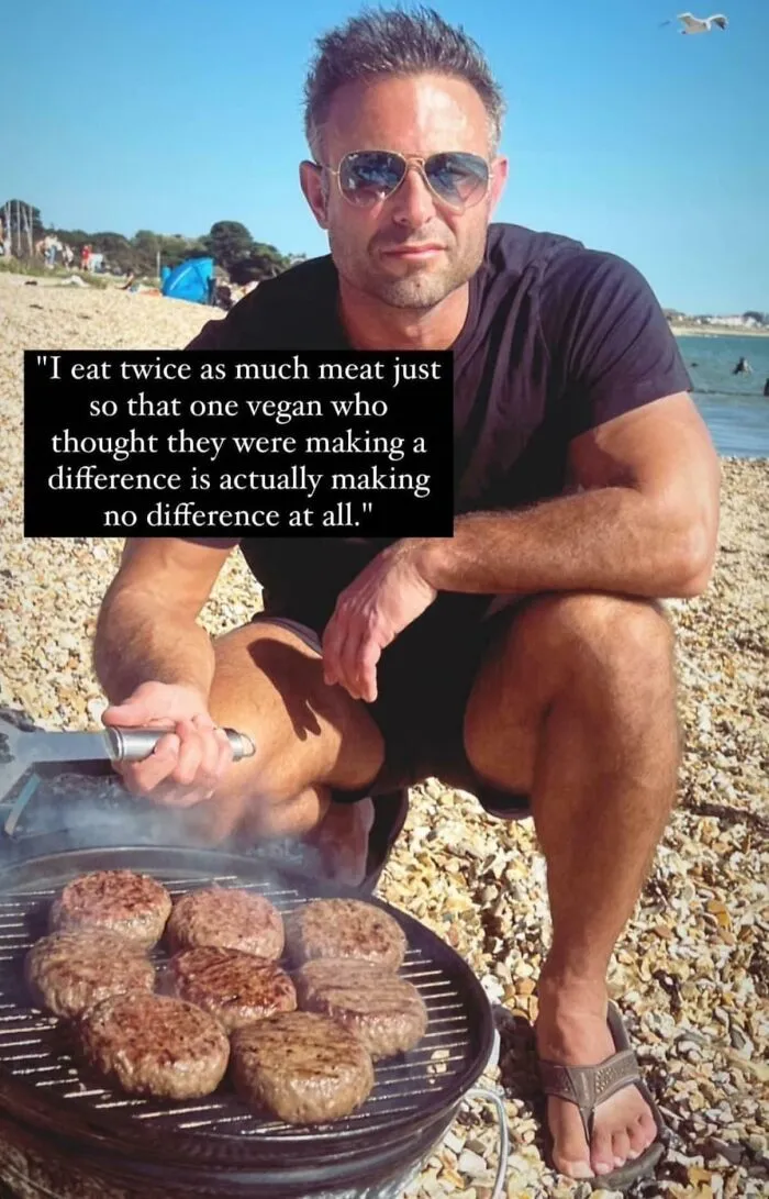 Man grilling burgers on a beach with a cringe-inducing quote about vegans overlayed.