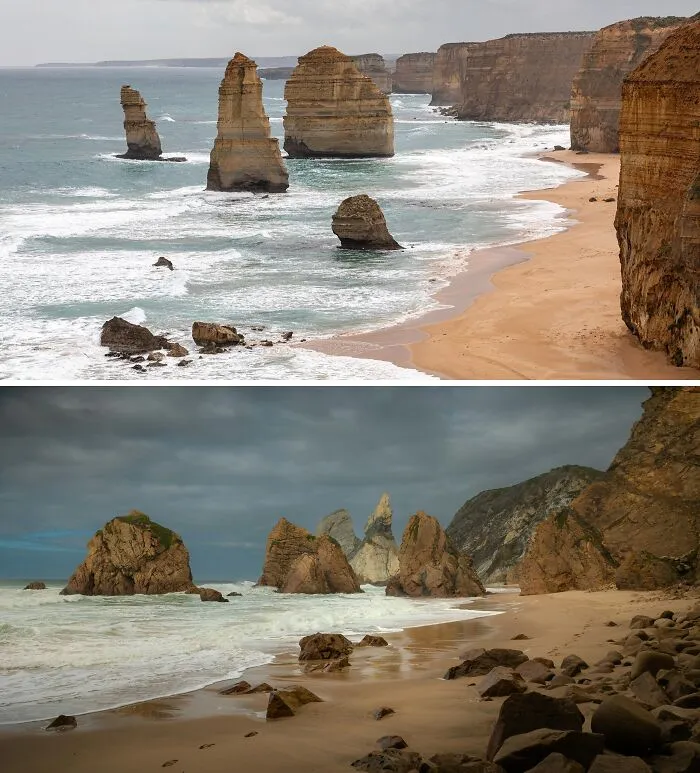 Twelve Apostles In Australia And Praia Da Ursa, Portugal
