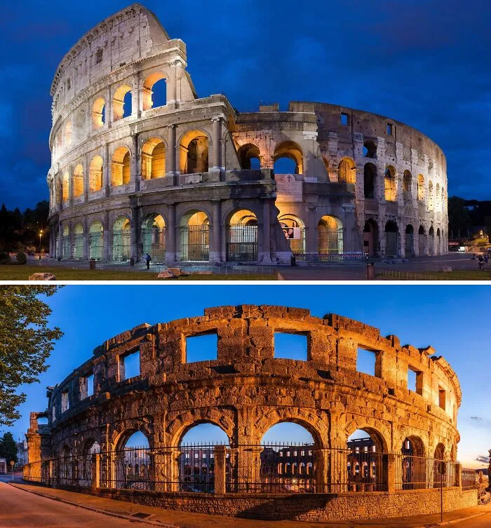 Colosseum In Rome, Italy And  Pula Arena In Croatia