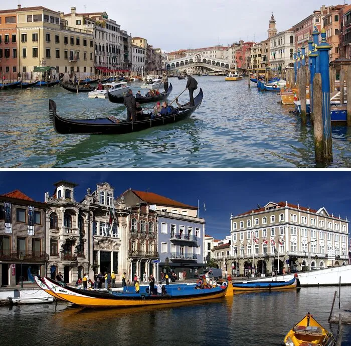 Grand Canal, Venice, Italy And Aveiro Lagoon, Portugal