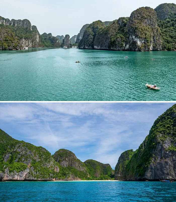 Ha Long Bay In Vietnam And Maya Bay, Thailand