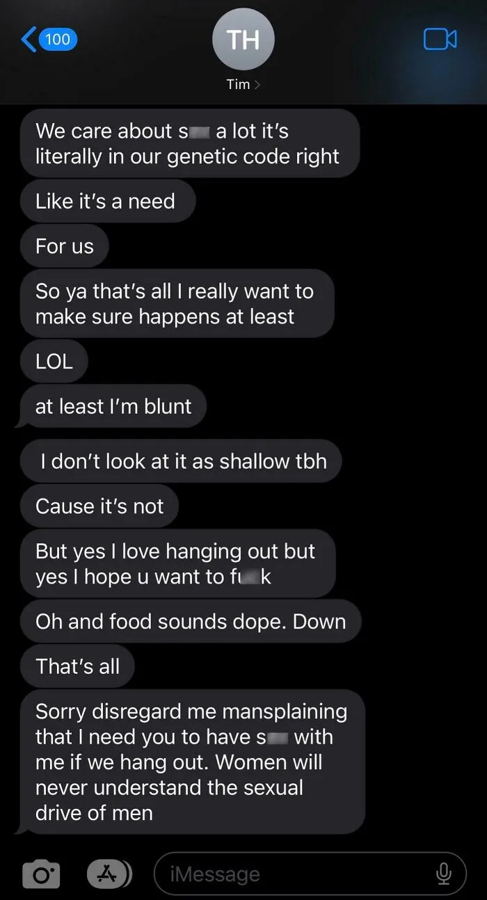 Text conversation showcasing cringe-worthy behavior.