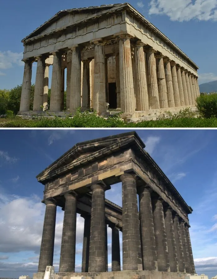 Greek Temple Of Hephaestus And Penshaw Monument Located In The City Of Sunderland, North East England