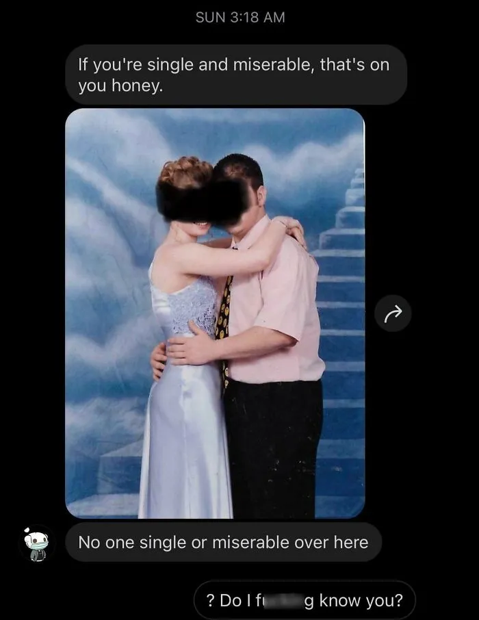 Couple awkwardly posing in formal attire with text messages expressing cringe-worthy behavior.