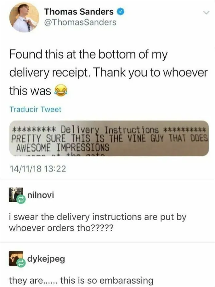 Thomas Sanders Writes Himself A Compliment On His Food Delivery Instructions