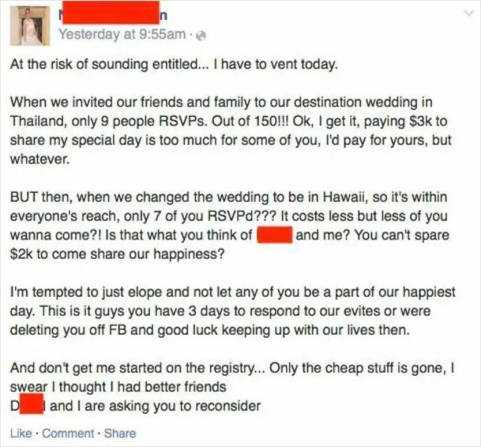 Social media post venting about wedding RSVPs, showcasing cringe-worthy behavior.
