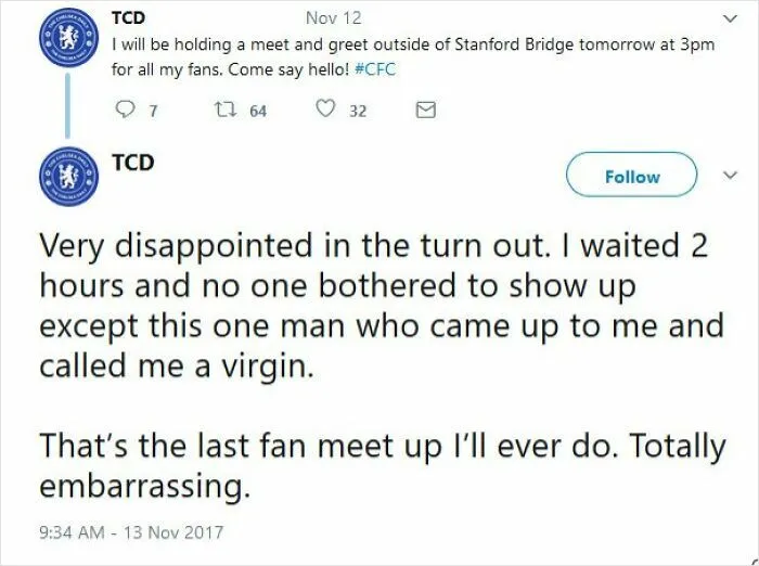 Tweet detailing a cringe moment at a fan meet-up, where attendance was embarrassingly low.
