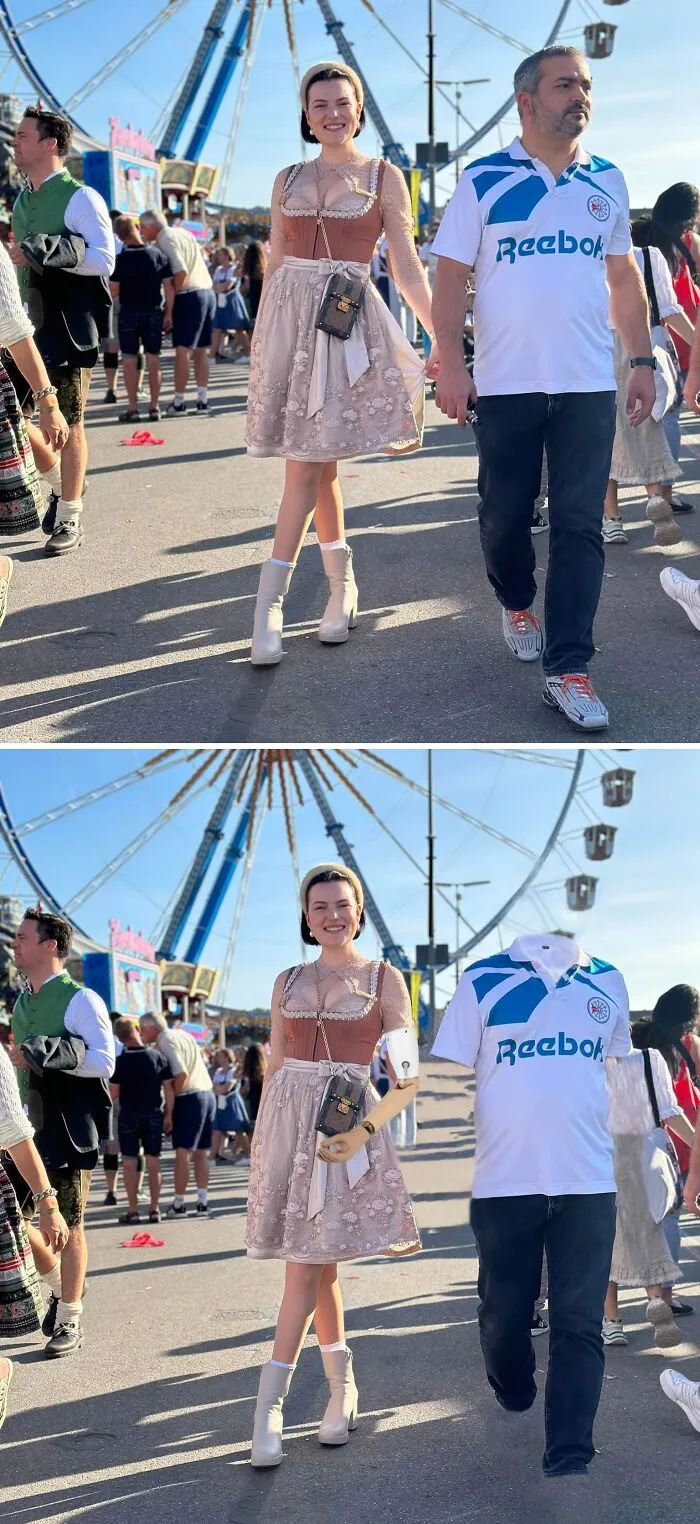 Mujer en feria con edición divertida de Photoshop que altera a un hombre al fondo, resaltando una camisa sin cuerpo.