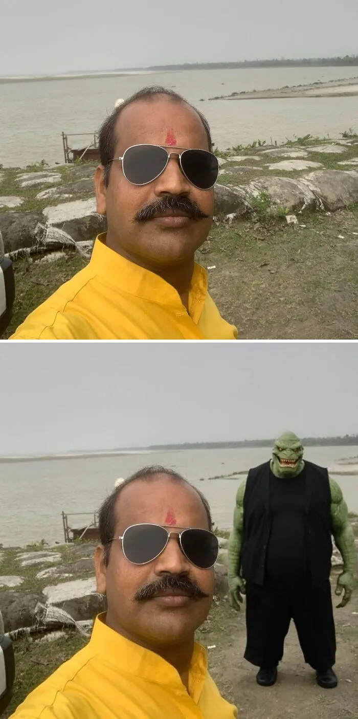 Hombre posando junto al lago con un personaje verde editado divertidamente en el fondo.