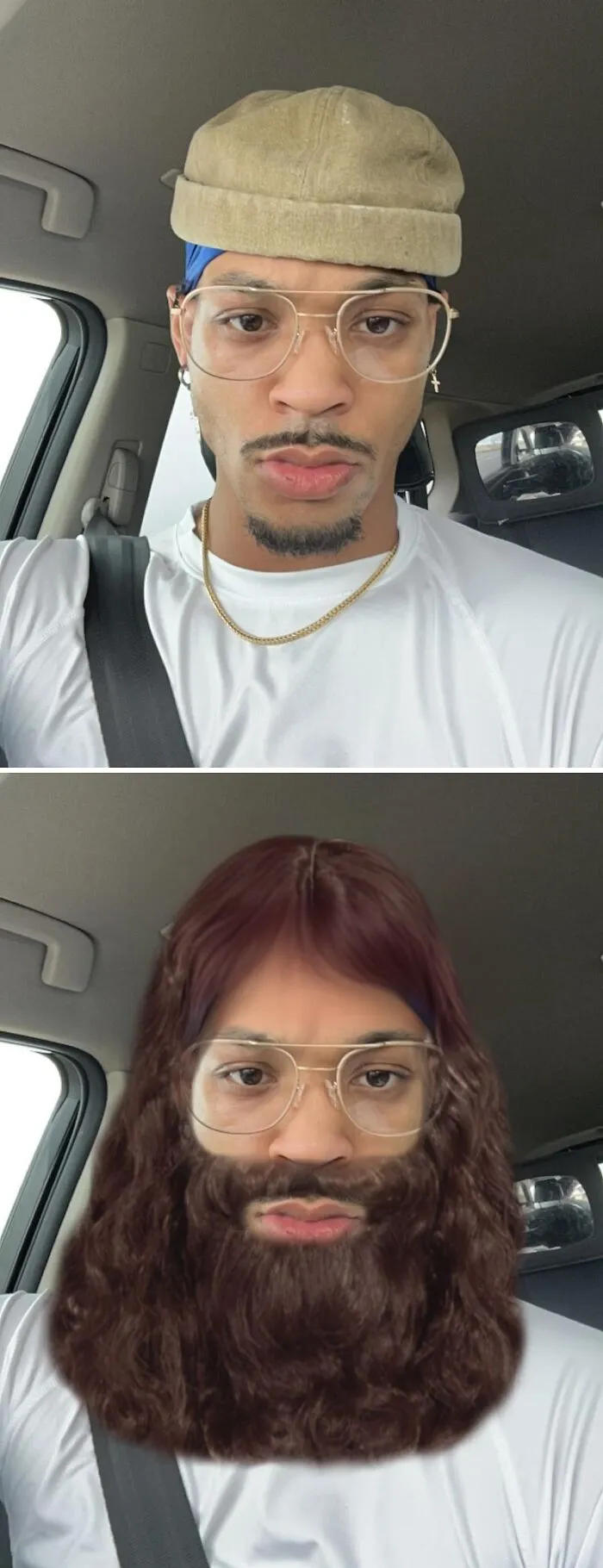 Persona con edición divertida en Photoshop, mostrando un cambio de aspecto con barba en una selfie dentro del coche.