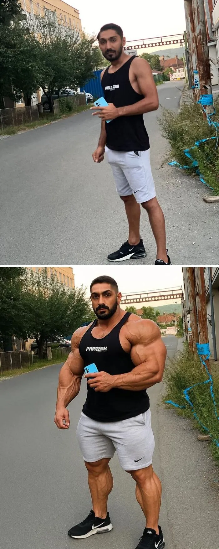Hombre editado cómicamente en Photoshop, mostrando transformación muscular exagerada en la misma ubicación.