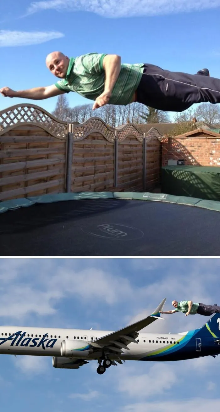 Hombre photoshopeado volando junto a un avión, en una divertida transformación de fotos.