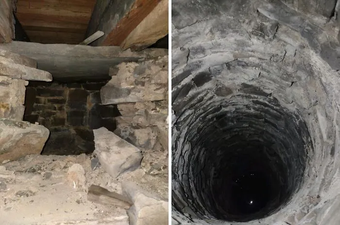 Pozo profundo de aspecto peligroso rodeado de piedras y paredes de ladrillo en una estructura antigua.