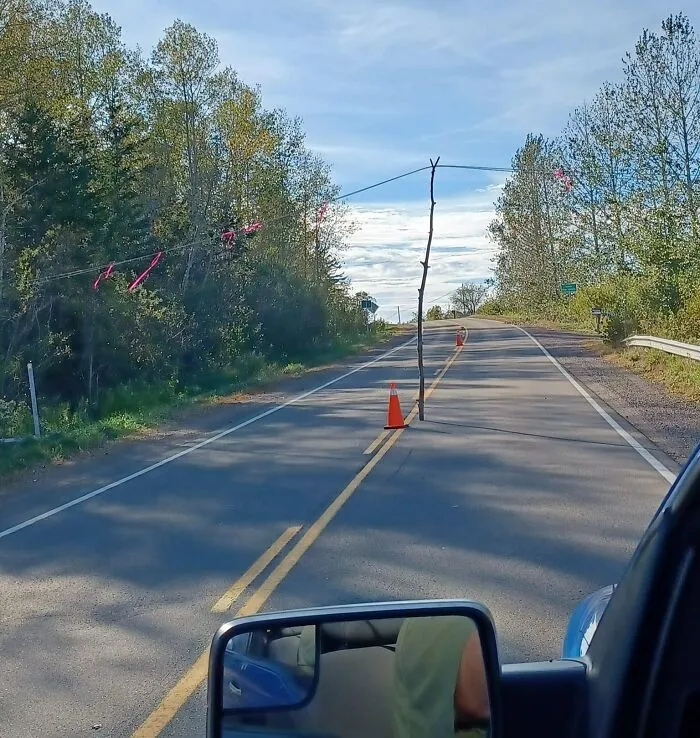 Cono de tráfico y rama improvisada intentan reparar cable caído en carretera.