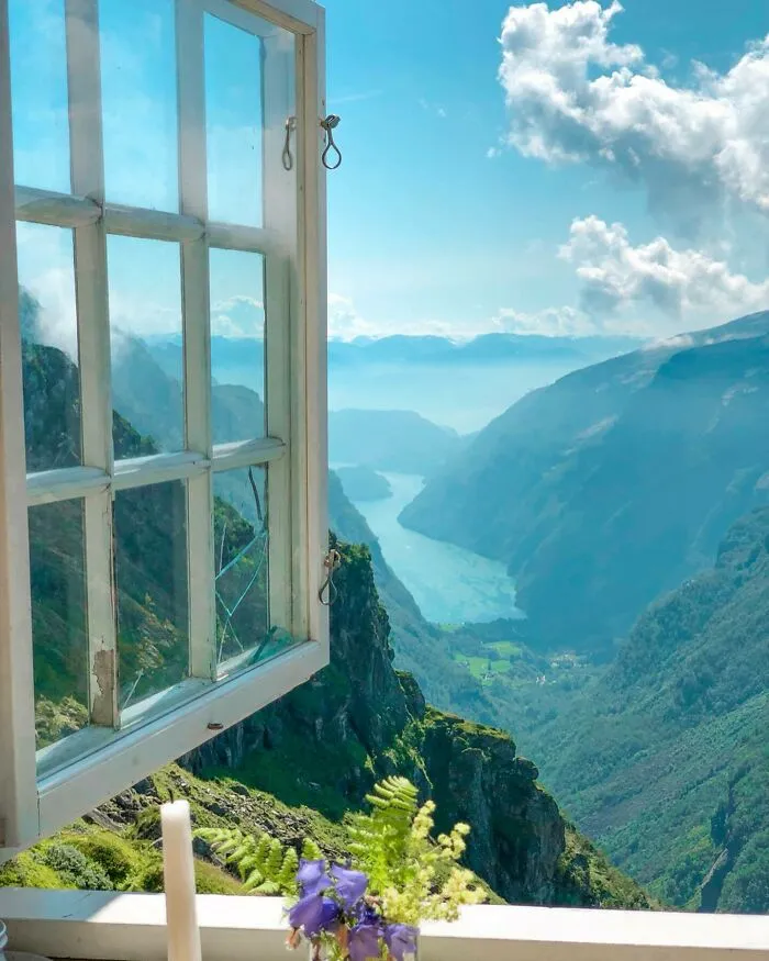 Fyksesund Fjord Seen From A Cabin On A Cliff Edge, Kvam, Vestland, Norway