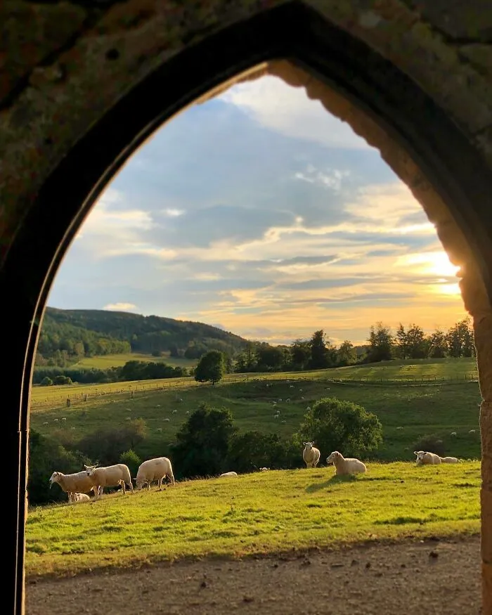 Golden Sunset Over The Green Hills Seen From An Arch Of An Abbey, Northumberland, Northern England