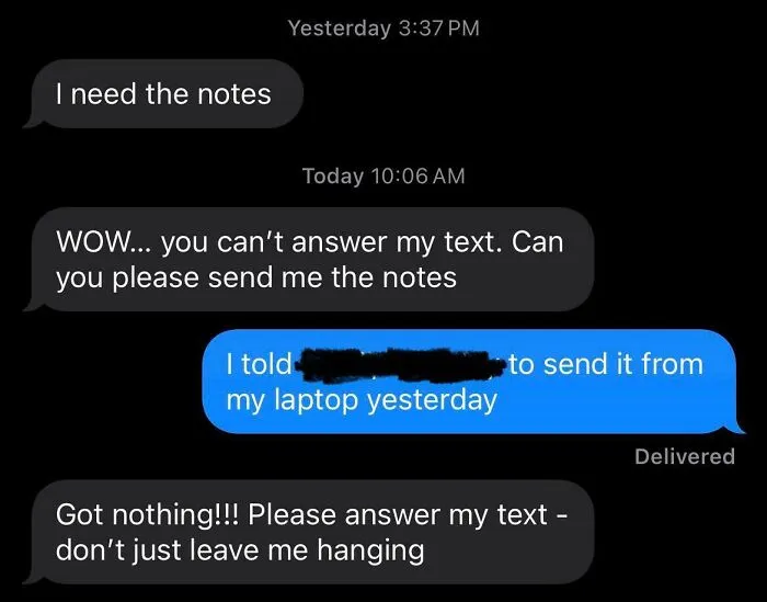 Text exchange with infuriating boss demanding notes and showing impatience.