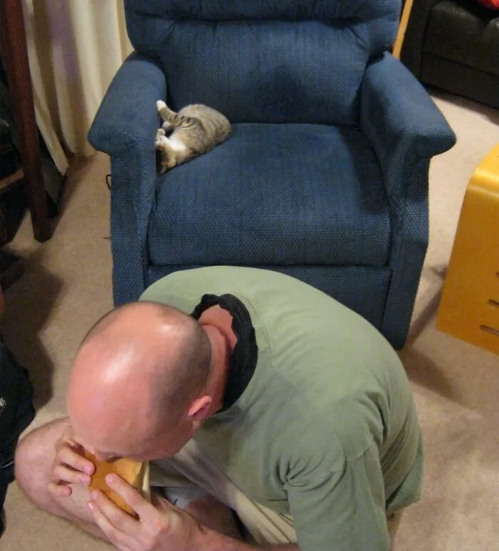 Mi esposo: Echa al gato si quieres sentarte. Mi esposo también: ¡Está dormida! No tengo problema en cenar en el suelo.