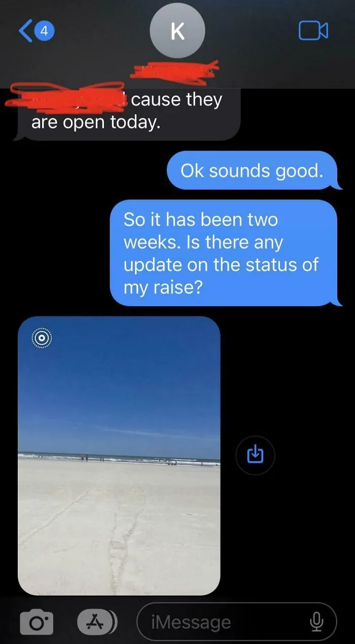 Text exchange about a raise, ending with an unrelated beach photo, illustrating infuriating bosses.