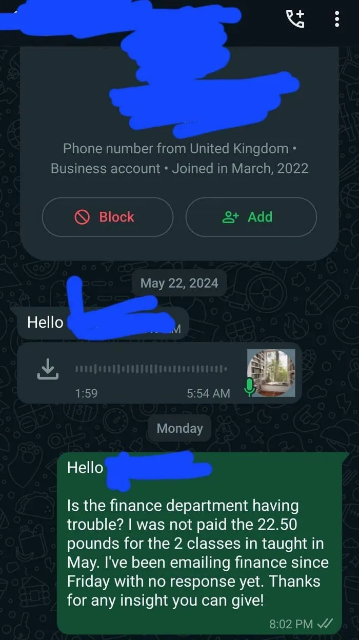 Chat conversation highlighting issues with frustrating bosses and unpaid wages.