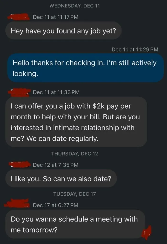Text exchange with a boss offering a job for $2k/month in exchange for a relationship.