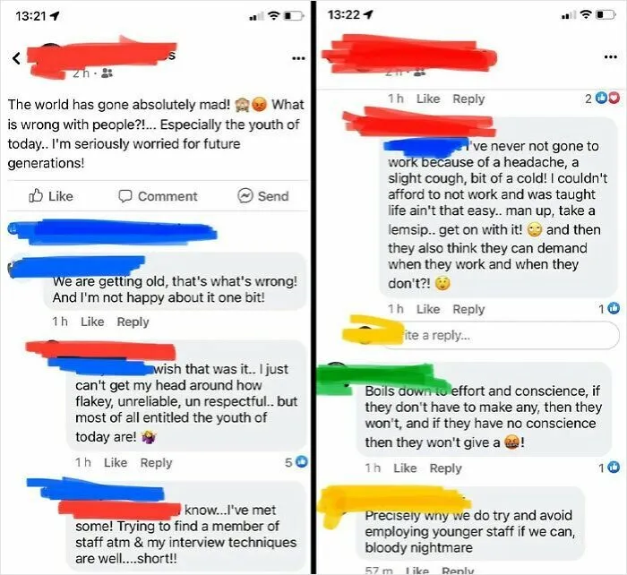 Facebook post featuring infuriating bosses criticizing young workers for being entitled and unreliable.