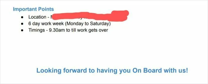 "Work schedule from 9:30am until completion, Monday to Saturday, causing frustration with infuriating bosses."