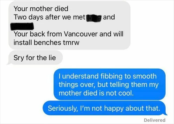 Text exchange showing a boss apologizing for lying about an employee's mother's death; a frustrating boss interaction.