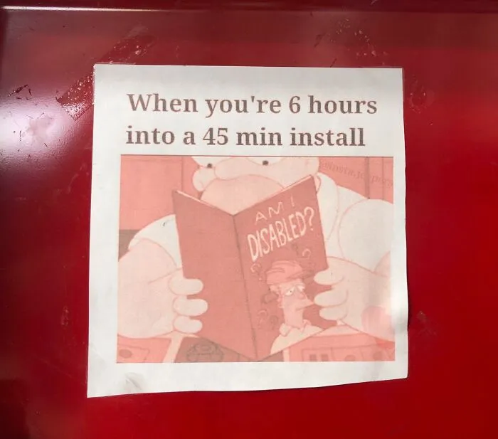 Funny coworkers meme about a long install time, showing a cartoon character reading, "Am I disabled?"