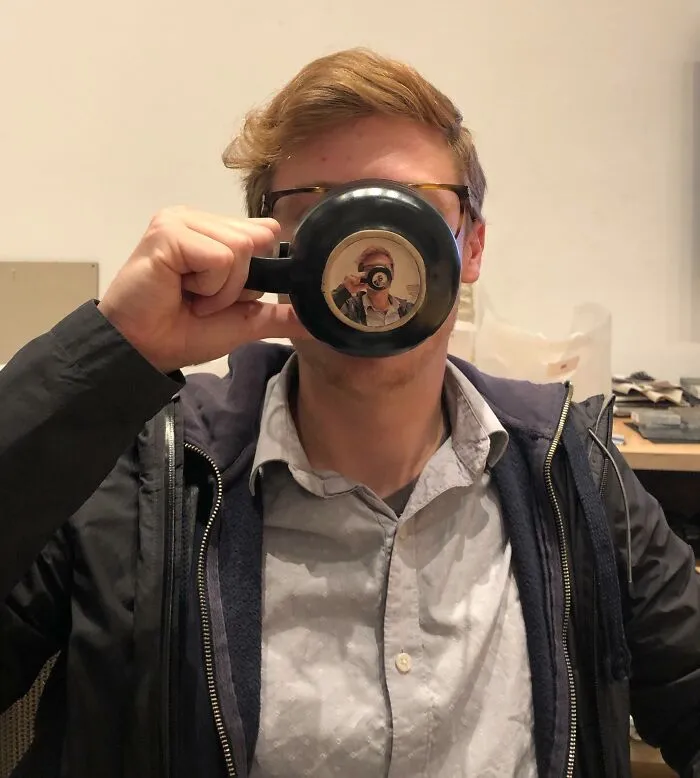 Glued A Picture Of My Coworker To The Bottom Of His Mug