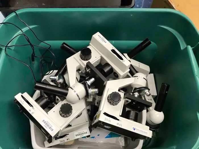 Found Microscopes Just Tossed In A Bin In A Room Where All Supplies Go To Die. They All Work Btw. Can’t Help But Think Of All The Schools That Could Benefit From These