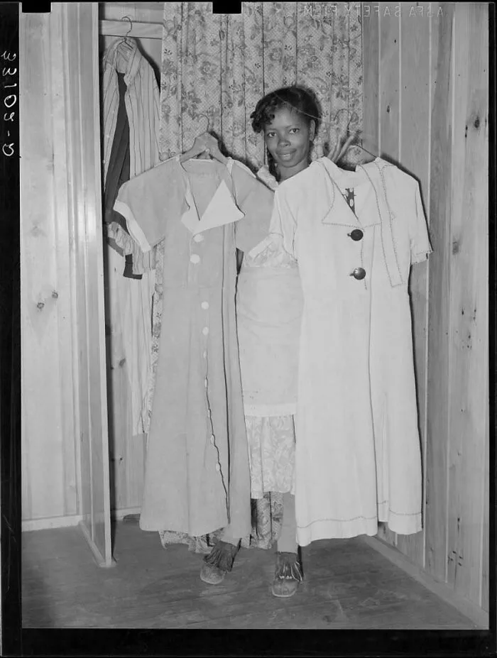 African American Woman Poses With Her Handmade Flour Sack Dresses In The 1930s