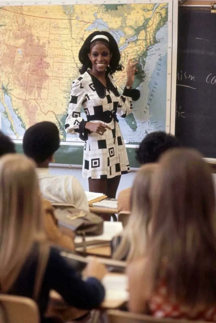 High School Teacher Sandy Brockman Wearing A Bold Print Hippie-Style Dress , In Denver, Colorado. 1969