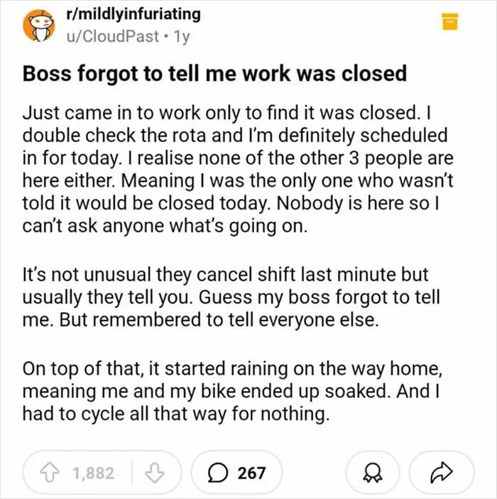 Text post about a boss forgetting to inform an employee about a work closure, leading to frustration.